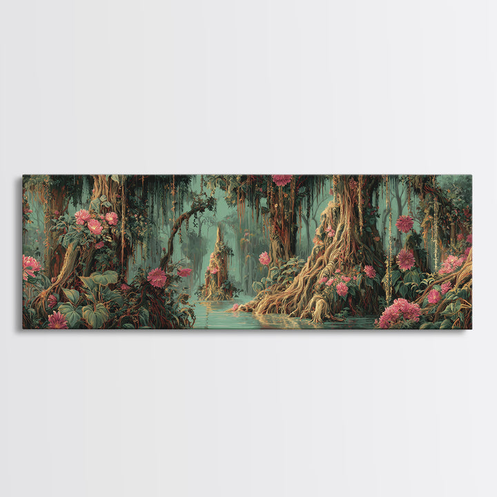Enchanted Swamp With Pink Blooms Framed Canvas Print, Mystical Jungle Wall Art, Floral Nature Scene, Boho Home Decor Gift