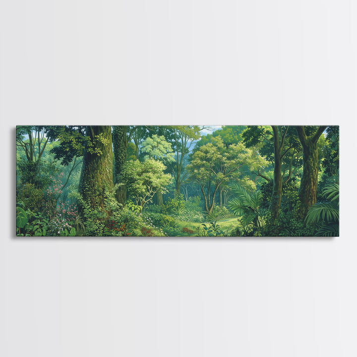 Bright Rainforest Garden Clearing Wall Art, Green Nature Canvas Print, Tropical Landscape Decor, Dreamy Home Decor Gift Idea