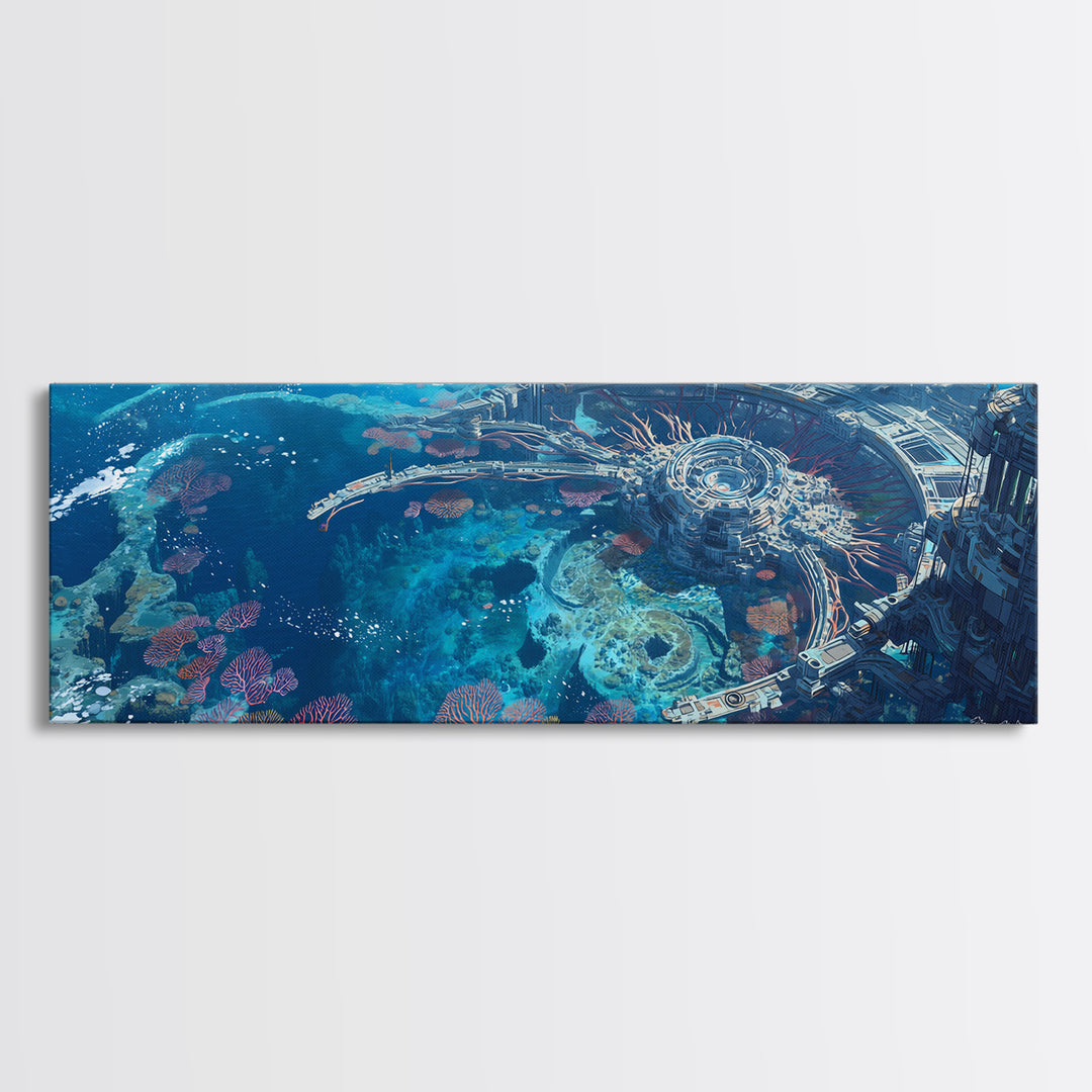 Futuristic Underwater Reef City Canvas Print, Blue Ocean Sci Fi Wall Art, Coral Seascape Poster, Unique Wall Decor Gift Idea