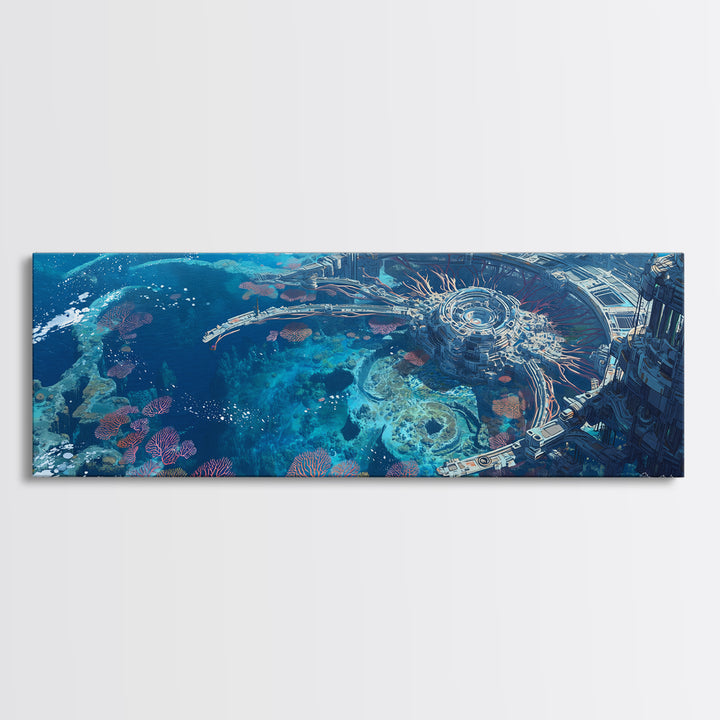 Futuristic Underwater Reef City Canvas Print, Blue Ocean Sci Fi Wall Art, Coral Seascape Poster, Unique Wall Decor Gift Idea