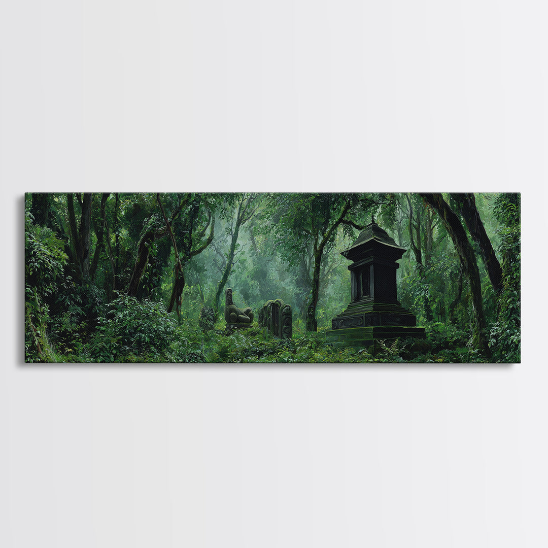 Ancient Jungle Tomb And Forest Ruins Framed Canvas Print, African Landscape, Mystical Wall Art, Dark Green Office Decor Gift