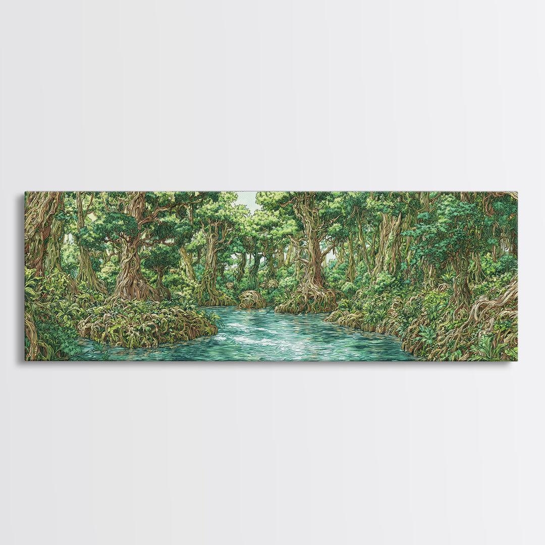 Turquoise River Through Lush African Jungle Canvas Print, Nature Scene Art, Safari Wall Decor, Green Boho Living Room Art