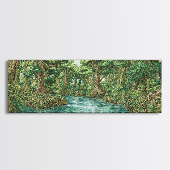 Turquoise River Through Lush African Jungle Canvas Print, Nature Scene Art, Safari Wall Decor, Green Boho Living Room Art