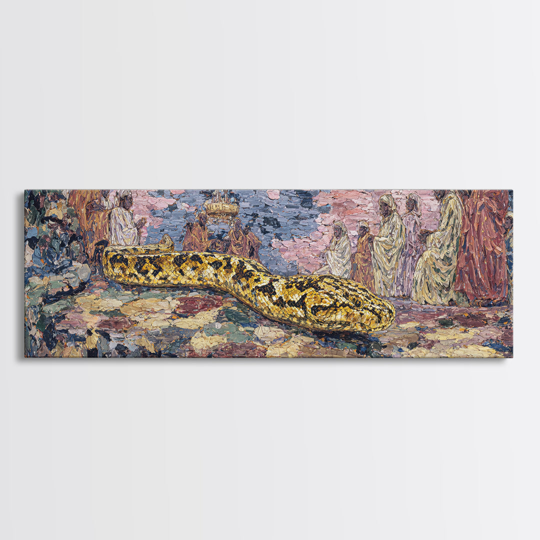 Golden Python Ceremony African Painting Canvas Print, Tribal Art Decor, Cultural Wall Art, Snake Portrait Statement Decor