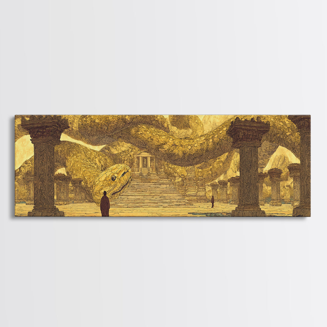 Ancient Golden Serpent Temple Wall Art, African Egyptian Art, Mythic Snake Decor, Luxury Canvas Print For Statement Room