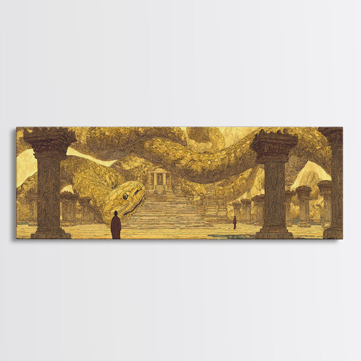 Ancient Golden Serpent Temple Wall Art, African Egyptian Art, Mythic Snake Decor, Luxury Canvas Print For Statement Room
