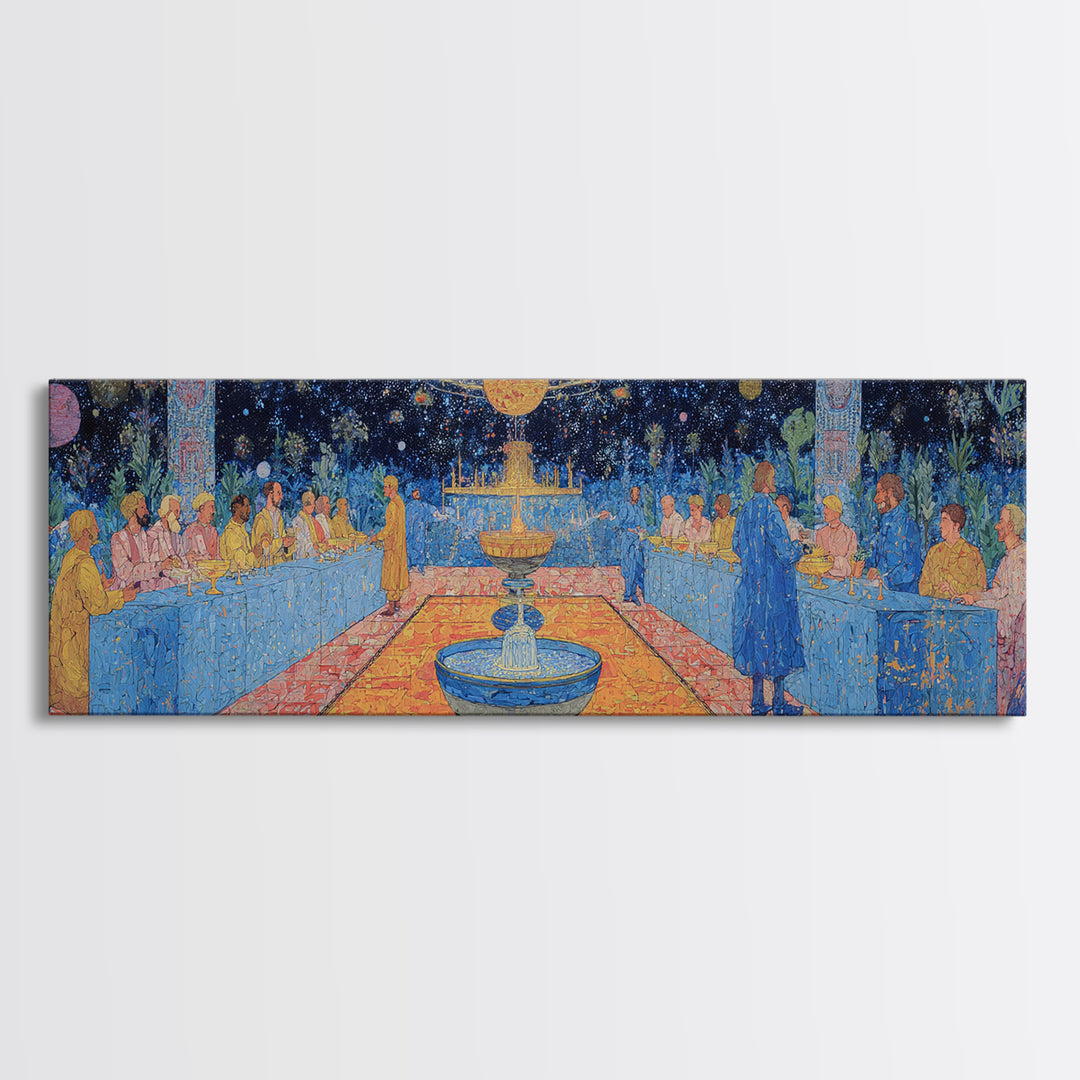 Celestial Banquet And Fountain Garden Canvas Print, African Inspired Wall Art, Dreamy Blue Celebration Decor Gift For Home