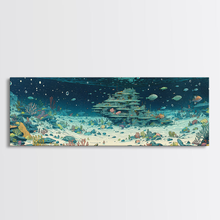 Underwater Coral Reef City With Fish Canvas Print, Ocean Wall Art, Beach Art, Blue Nature Scene, Coastal Home Decor Gift