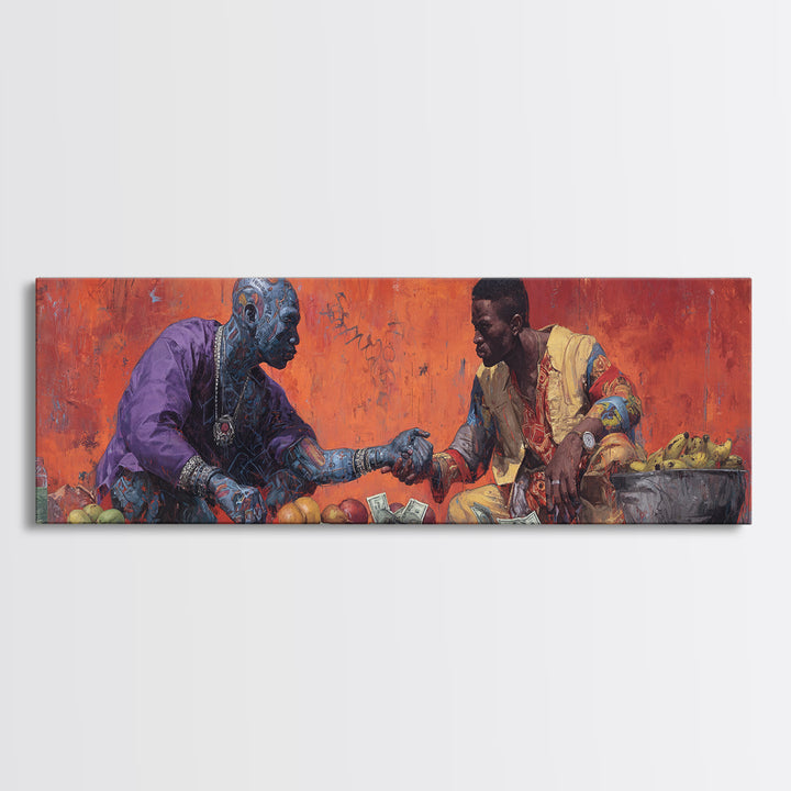 African Market Handshake Scene Canvas Print, African Wall Art, Cultural Art, Orange Painting, Afrocentric Home Decor Gift