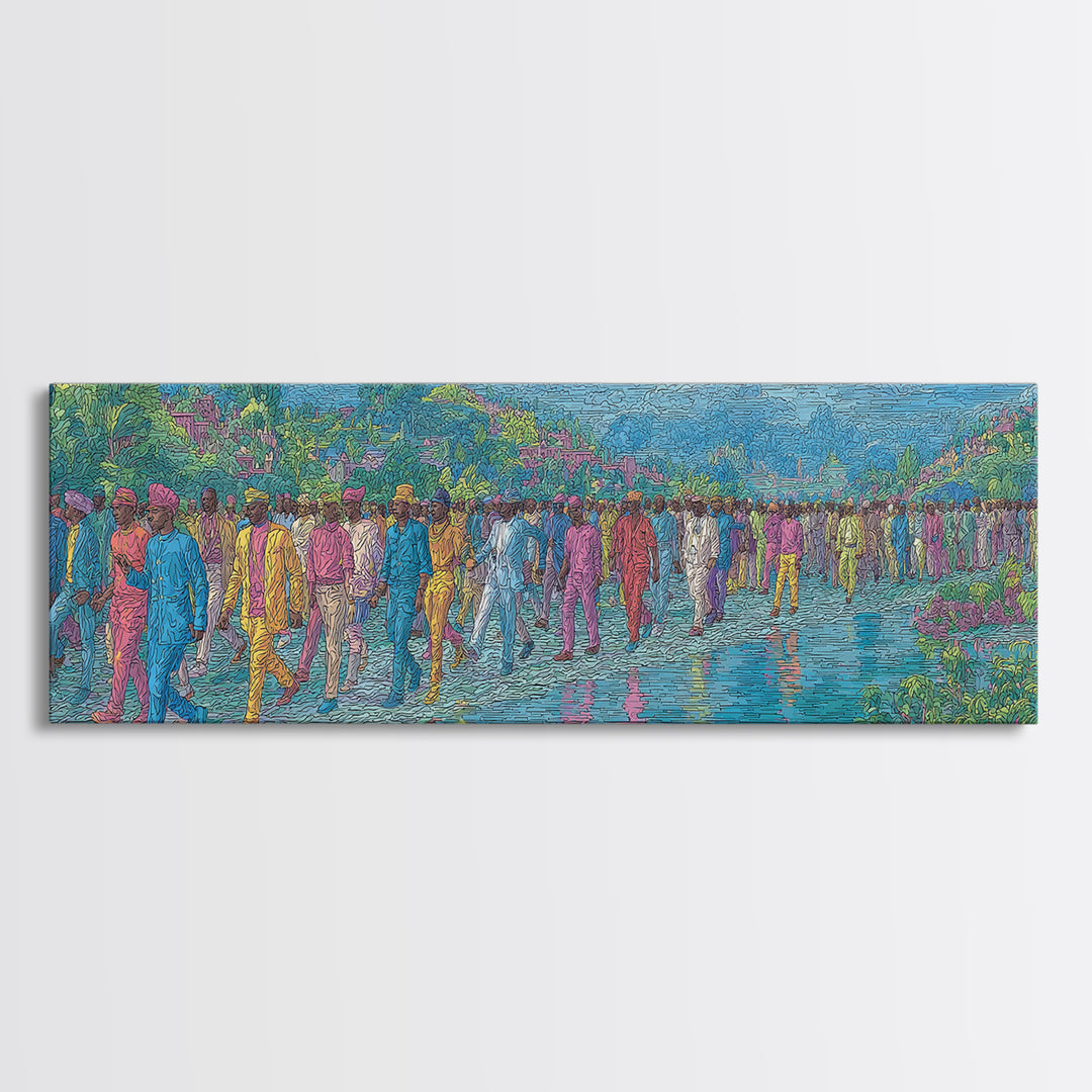 Colorful Riverside Crowd Abstract Wall Art, African Inspired Canvas Print, Modern Art, Vibrant Home Decor, Large Wall Art