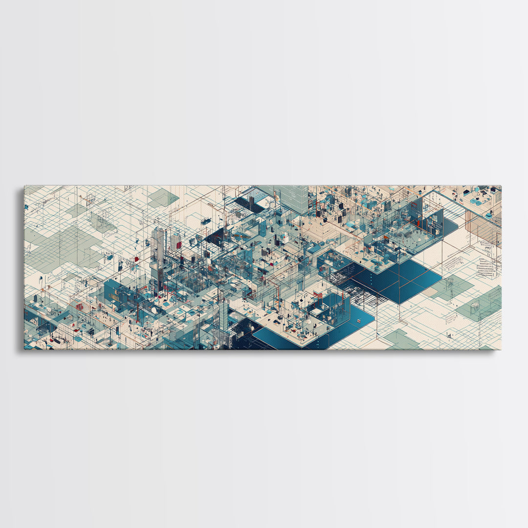 Isometric Futuristic City Grid Wall Art, Digital Art Canvas Print, Modern Office Decor, Geometric Wall Art, Tech Blue Art