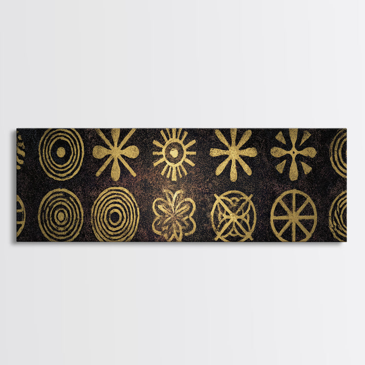 Gold Tribal Symbol Pattern Canvas Print, African Tribal Art, African Patterns, Black And Gold Art, Cultural Wall Decor, Boho Decor