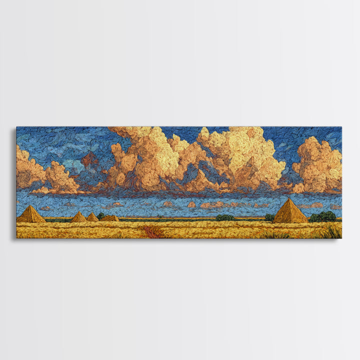 Golden Pyramids Under Textured Clouds Framed Canvas Print, African Egyptian Art, African Landscape, Blue And Gold Canvas, Decor