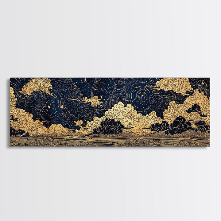 Gold Line Celestial Clouds Over Water Wall Art, African Abstract, Spiritual Wall Art, Mystical Wall Art, Black And Gold Art Decor
