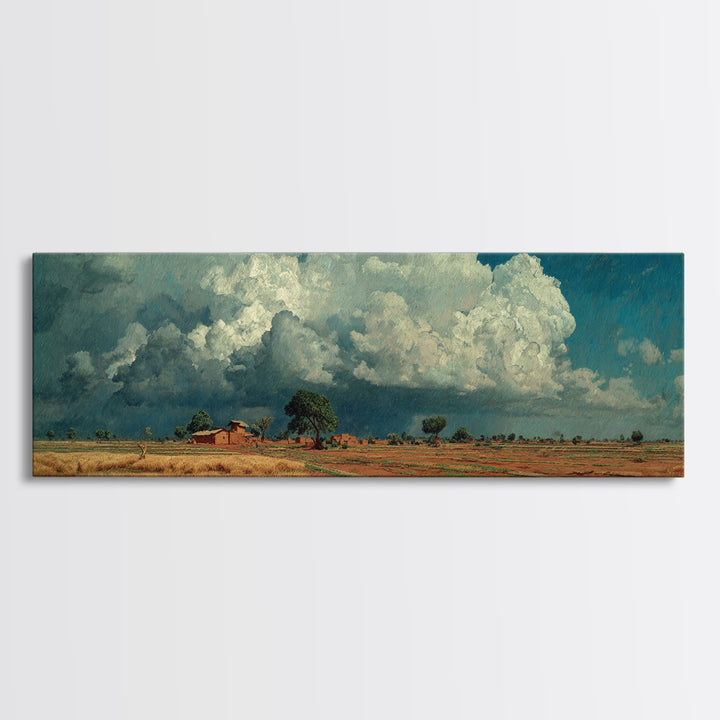 Rustic Farmhouse Beneath Towering Clouds Canvas Print, African Landscape, Earth Tone Wall Art, Nature Scene Art, Home Decor