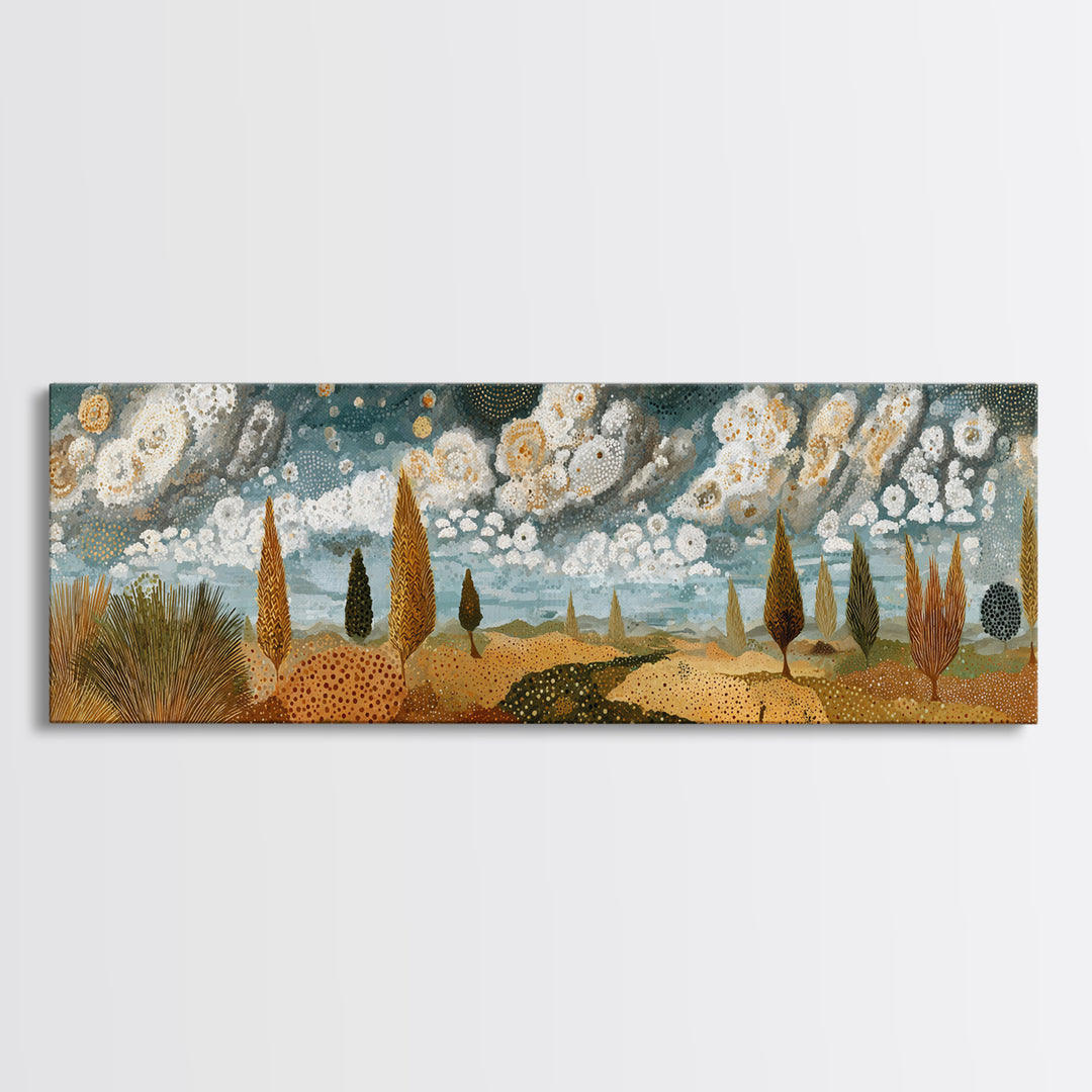 Golden African Savanna Hills Wall Art, Abstract Storm Cloud Landscape, Earth Tone Canvas Decor, Boho Living Room Art Print
