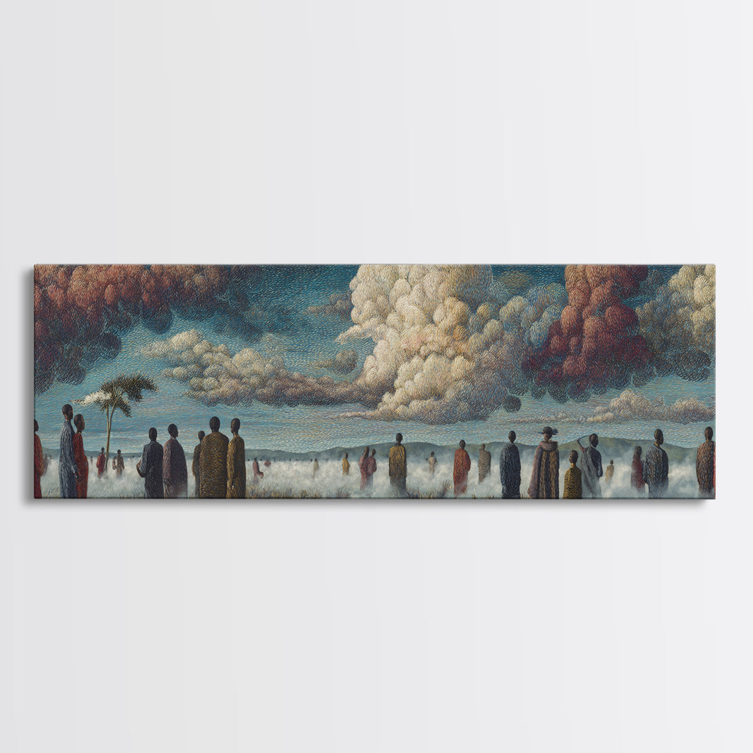 Misty African Gathering Wall Art, Dramatic Cloud Lake Landscape, Afrocentric Canvas Decor, Cultural Living Room Print Gift