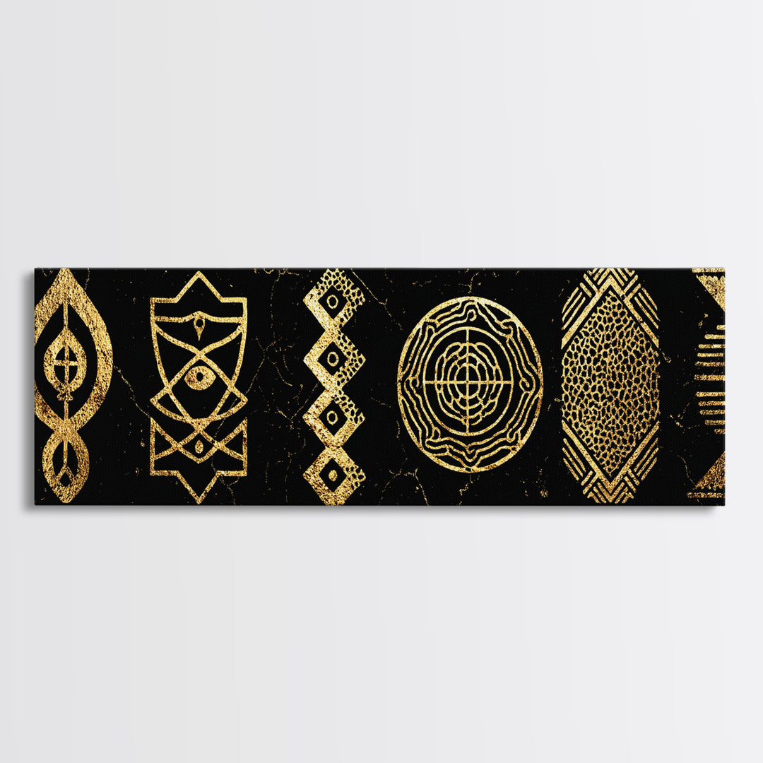 Gold Tribal Symbols Canvas Print, African Geometric Pattern Wall Decor, Abstract Black And Gold Art, Modern Ethnic Decor