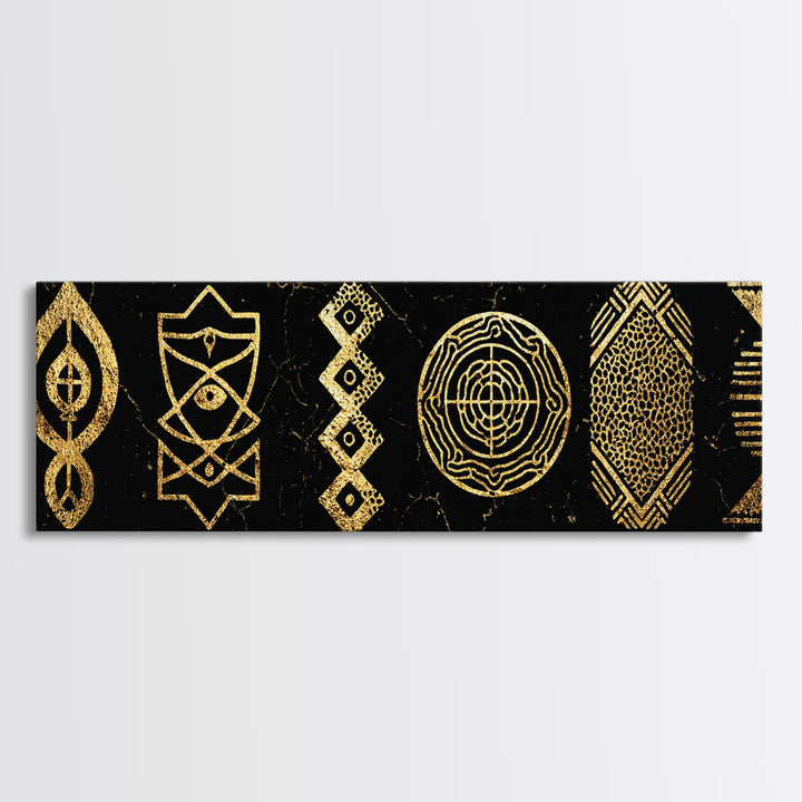 Gold Tribal Symbols Canvas Print, African Geometric Pattern Wall Decor, Abstract Black And Gold Art, Modern Ethnic Decor