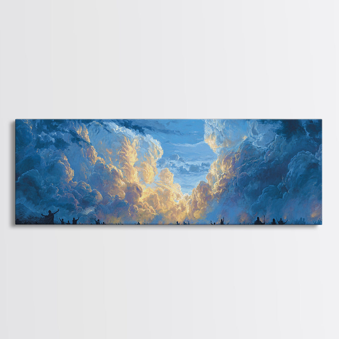 Glowing Sky Celebration Canvas Print, African Spiritual Wall Decor, Blue Gold Cloud Landscape, Afrocentric Home Decor Gift