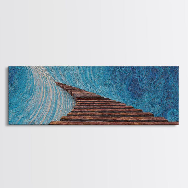 Surreal Wooden Stairway To Blue Sky, Abstract African Inspired Wall Art, Modern Canvas Art, Large Home Decor Gift, Statement Wall Decor