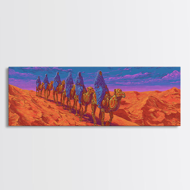 Vibrant Camel Caravan In Orange Desert Mountains, African Safari Art Canvas Print, Serengeti Wall Decor, Travel Gift, Unique Home Decor
