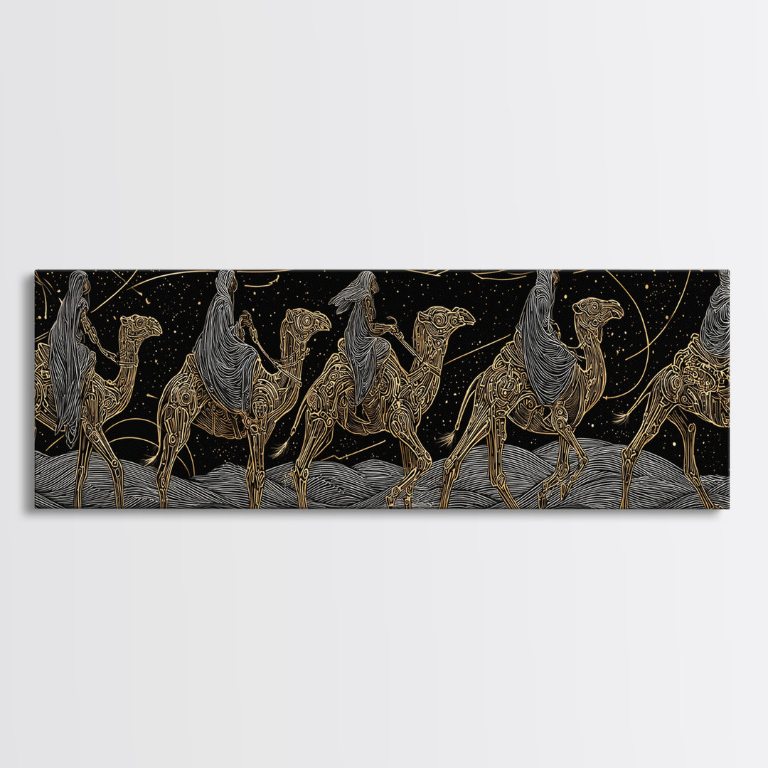 Gold Line Camel Caravan Under Celestial Night, African Safari Art Canvas Print, Black And Gold Art, Bohemian Wall Decor Gift