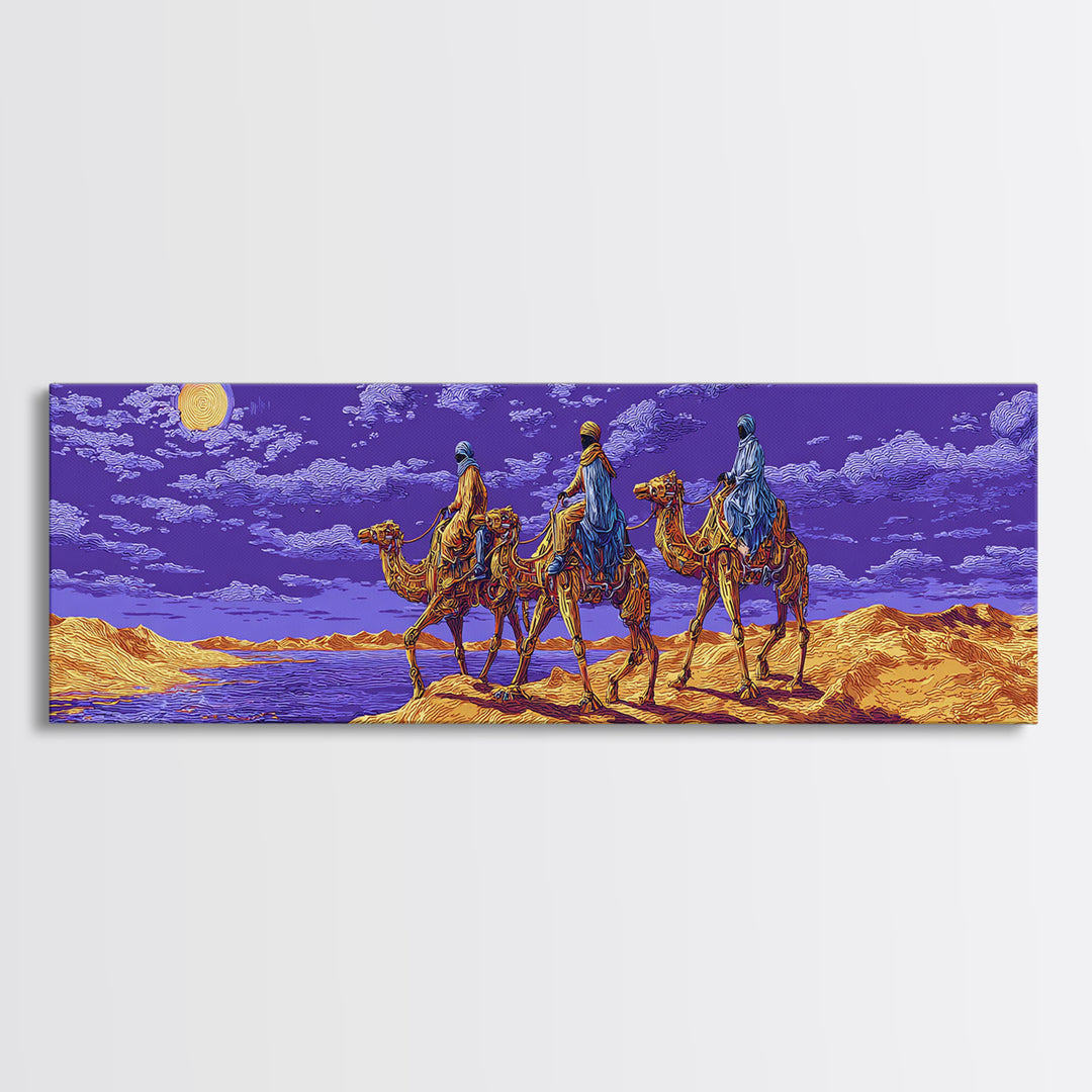 Moonlit Camel Caravan Across Purple Dunes, African Safari Art Framed Canvas Print, Dreamy Wall Art, Unique Home Decor Gift