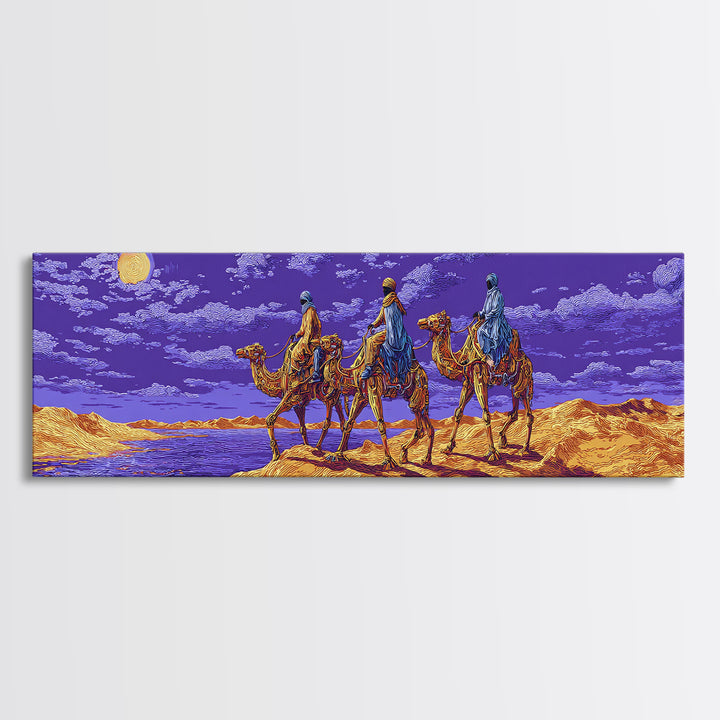 Moonlit Camel Caravan Across Purple Dunes, African Safari Art Framed Canvas Print, Dreamy Wall Art, Unique Home Decor Gift