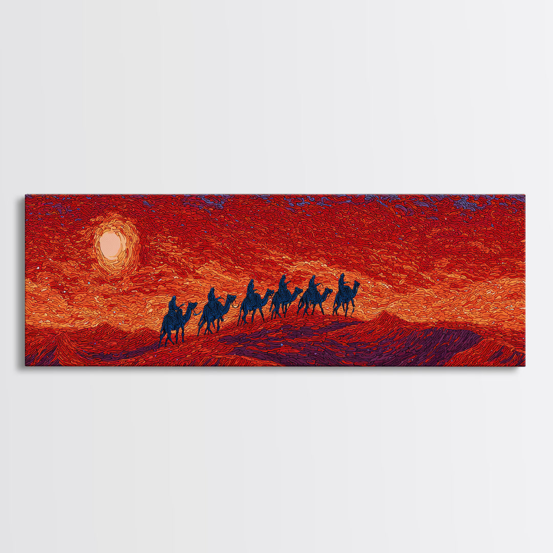 Fiery Sunset Camel Caravan Silhouettes Over Dunes, African Safari Art Canvas Print, Burnt Orange Wall Decor, Travel Gift