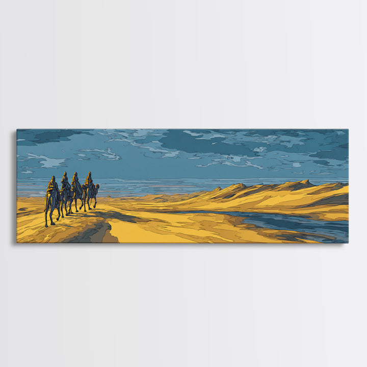 Blue And Gold Desert Riders By Water, African Safari Art Wall Art, Serengeti Landscape, Modern Home Decor, Unique Travel Gift