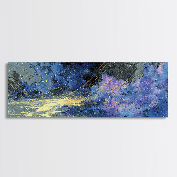 Blue Gold Cosmic Waves With Starry Light, African Abstract Wall Art, Modern Canvas Art, Dreamy Wall Decor, Luxury Home Decor