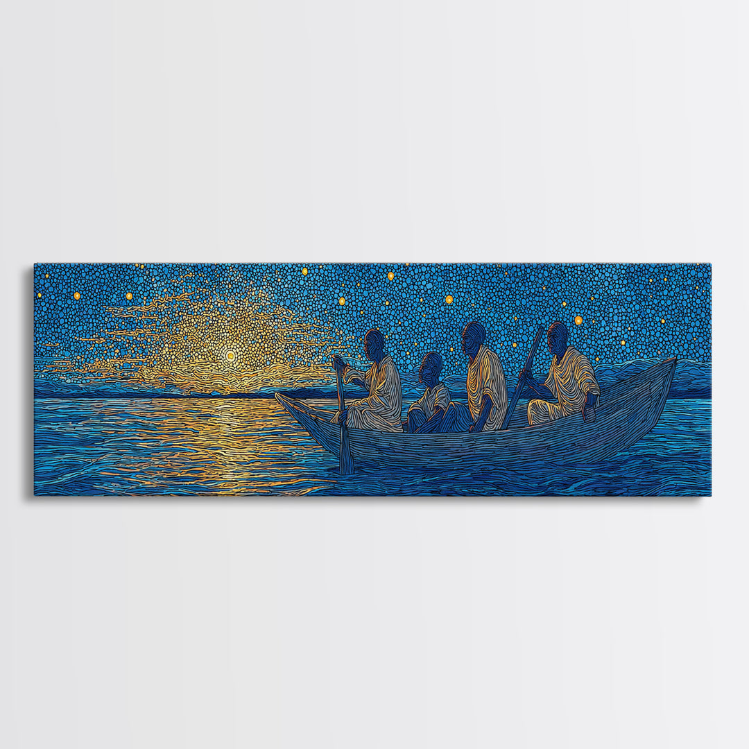 Golden Sunset Canoe Fishermen Wall Art, African Safari Art Print, Blue Lake Landscape, Serene Bedroom Canvas Home Decor Gift