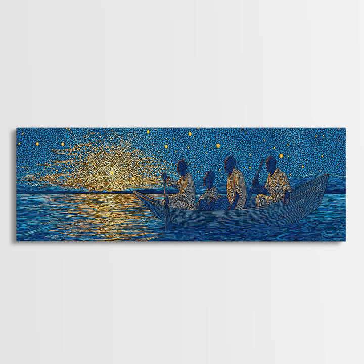Golden Sunset Canoe Fishermen Wall Art, African Safari Art Print, Blue Lake Landscape, Serene Bedroom Canvas Home Decor Gift