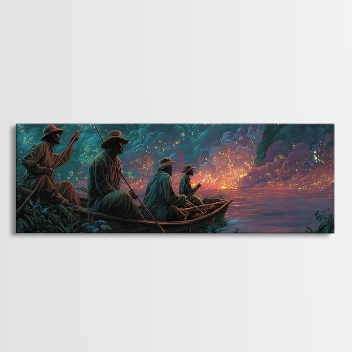 Stormy River Fishermen At Twilight Framed Canvas Print, African Landscape Wall Decor, Moody Safari Art, Unique Home Decor