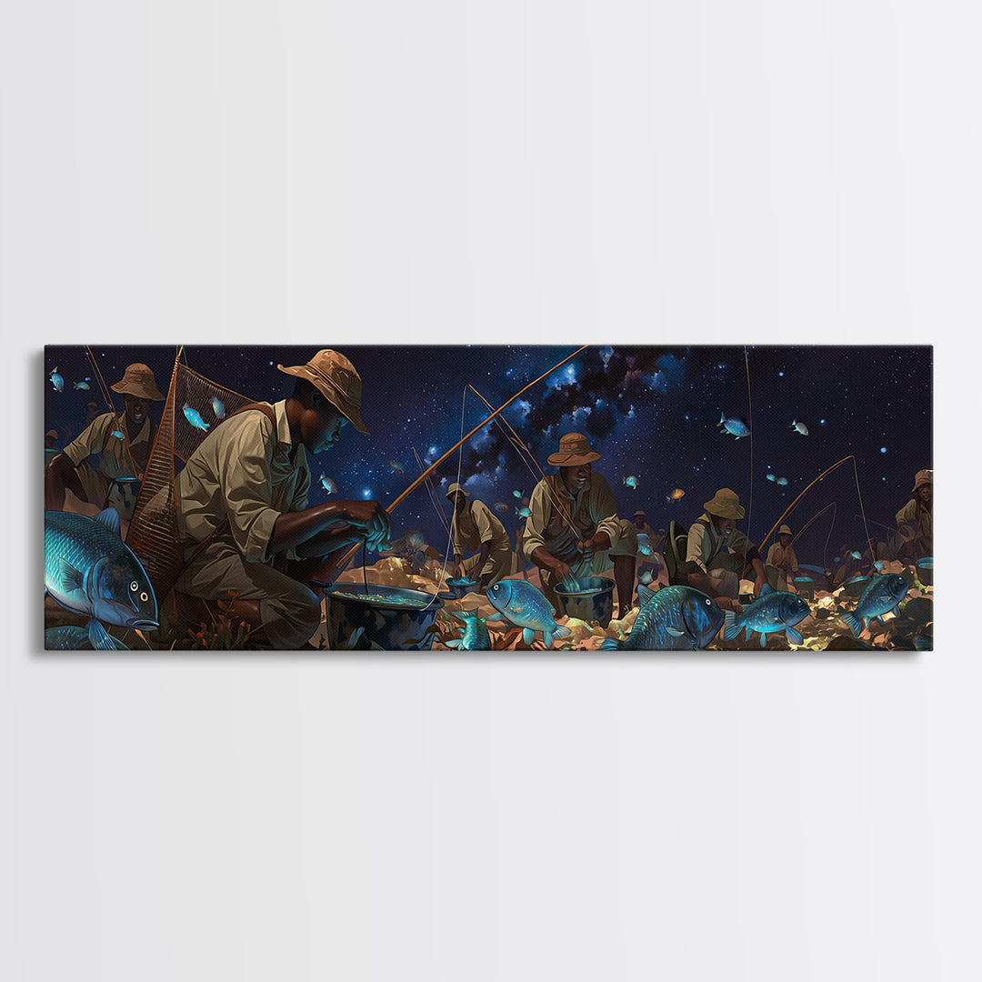 Glowing Blue Fish Night Market Canvas Print, African Fishermen Wall Art, Afrofuturism Decor, Contemporary Gallery Art Gift