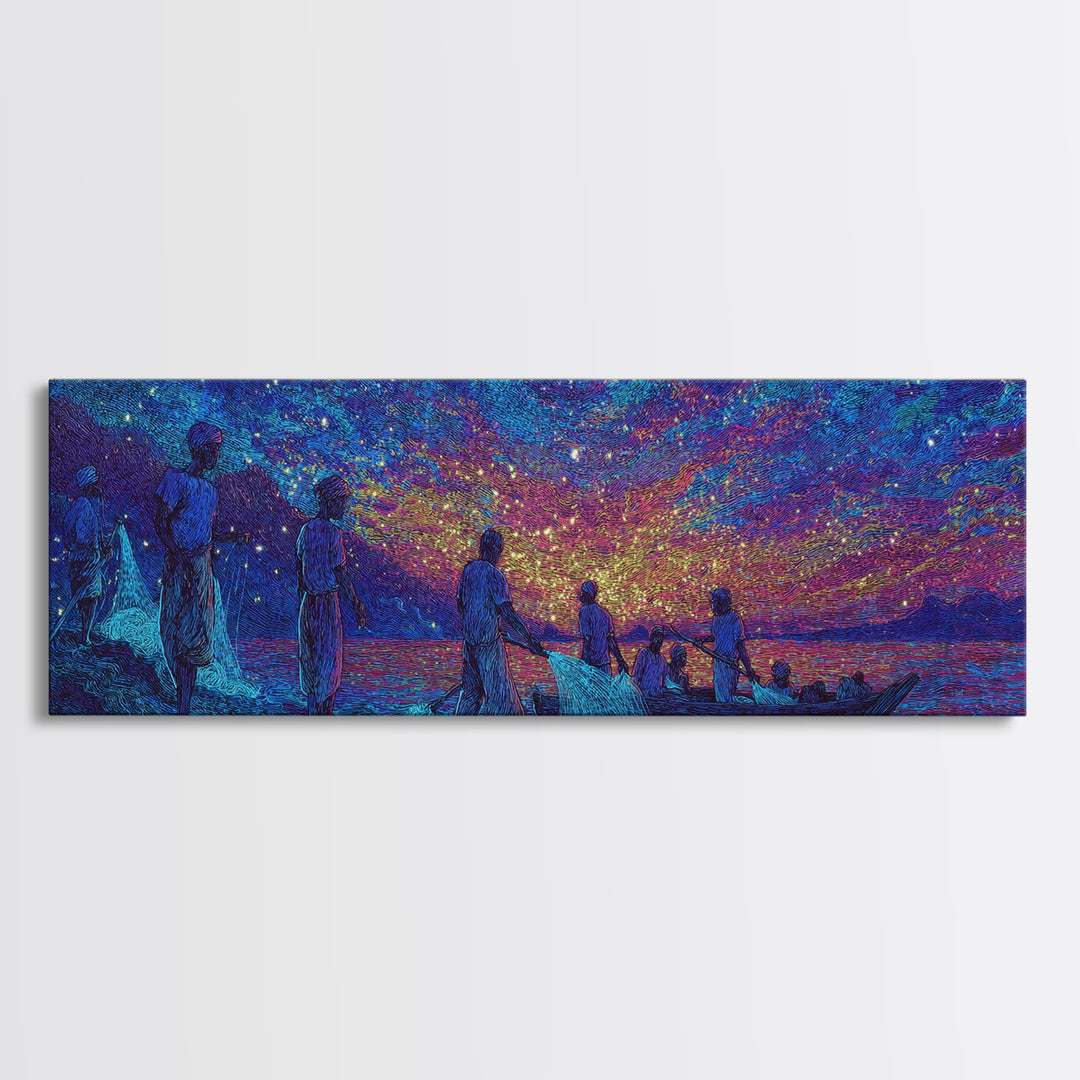 Stargazing Fishermen At Shore Canvas Print, African Wall Art, Vibrant Blue Purple Night, Afrocentric Unique Home Decor Gift
