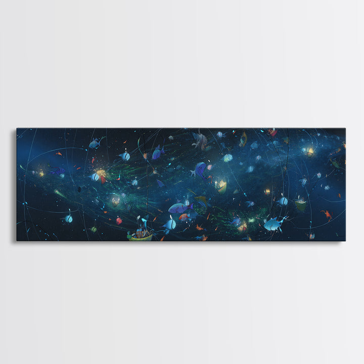 Cosmic Ocean Fish And Nets Wall Art, Dreamy Canvas Print, African Inspired Underwater Scene, Modern Blue Home Decor Gift