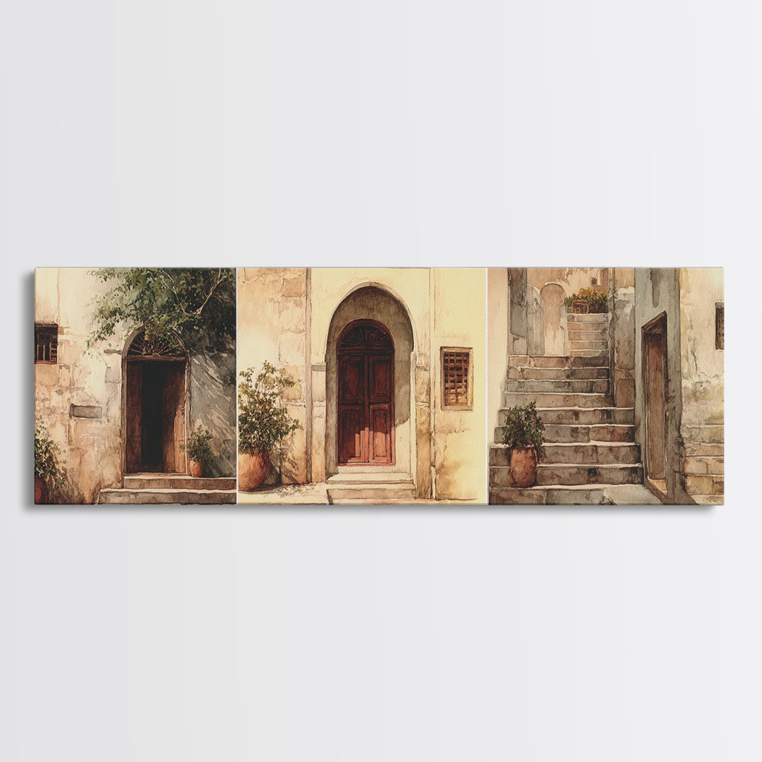 Whitewashed Doorway And Stone Steps Canvas Print, Moroccan Travel, African Home Decor, Beige Wall Art, Rustic Home Decor