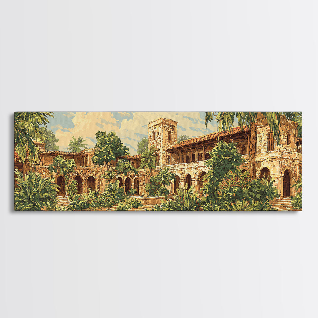 Tropical Courtyard Ruins With Palms Wall Art, African Inspired Landscape, Boho Home Decor, Living Room Canvas Print, Statement Wall Decor