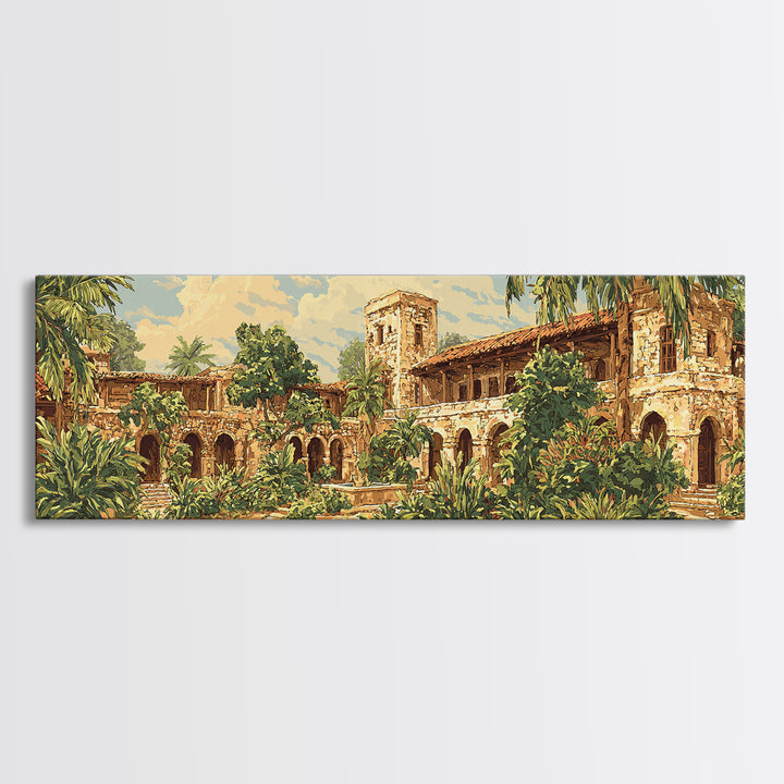 Tropical Courtyard Ruins With Palms Wall Art, African Inspired Landscape, Boho Home Decor, Living Room Canvas Print, Statement Wall Decor