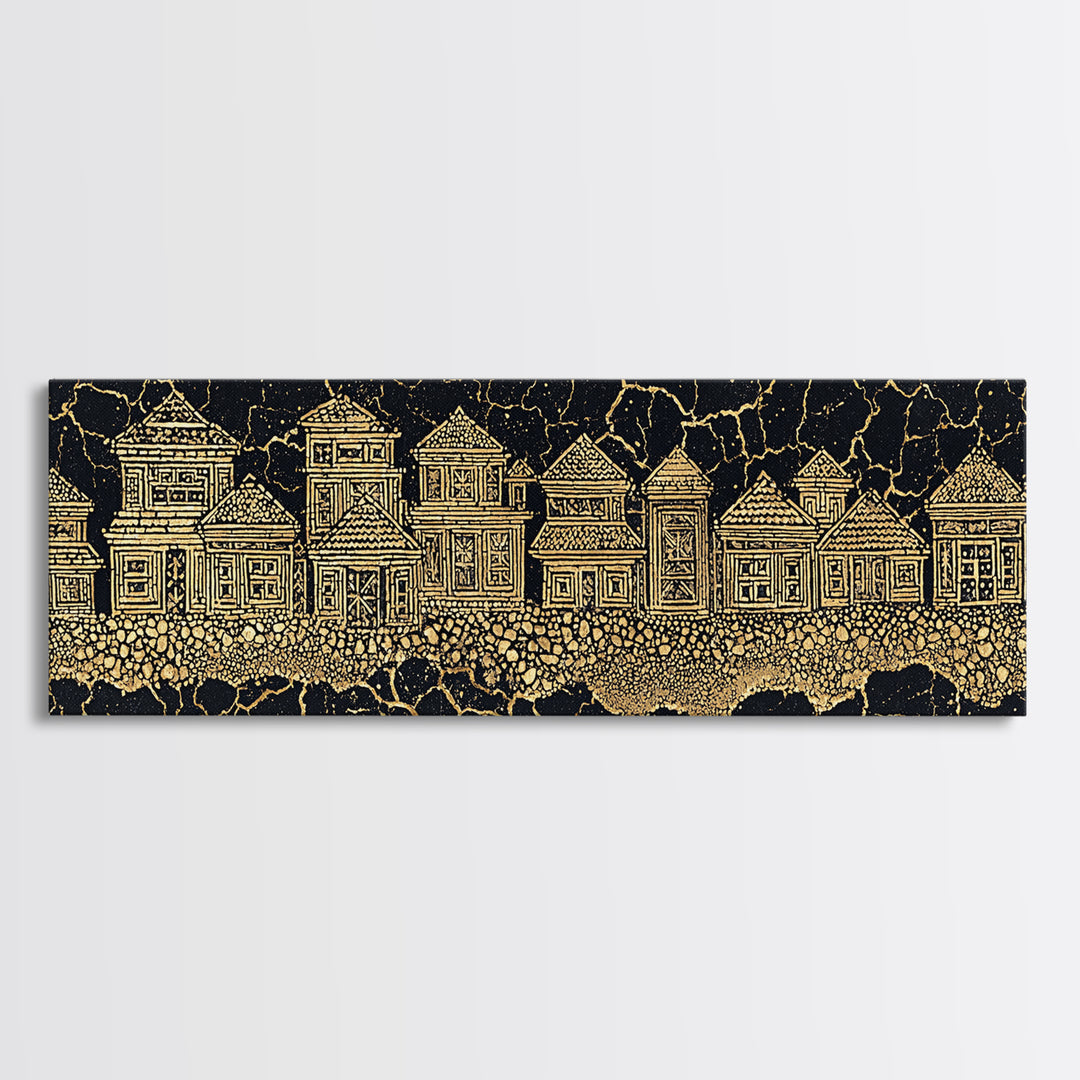 Gold Line Village On Cracked Black Wall Art, African Tribal Art, Ethnic Wall Decor, Modern Canvas Print, Cultural Home Decor