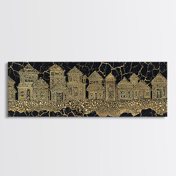 Gold Line Village On Cracked Black Wall Art, African Tribal Art, Ethnic Wall Decor, Modern Canvas Print, Cultural Home Decor