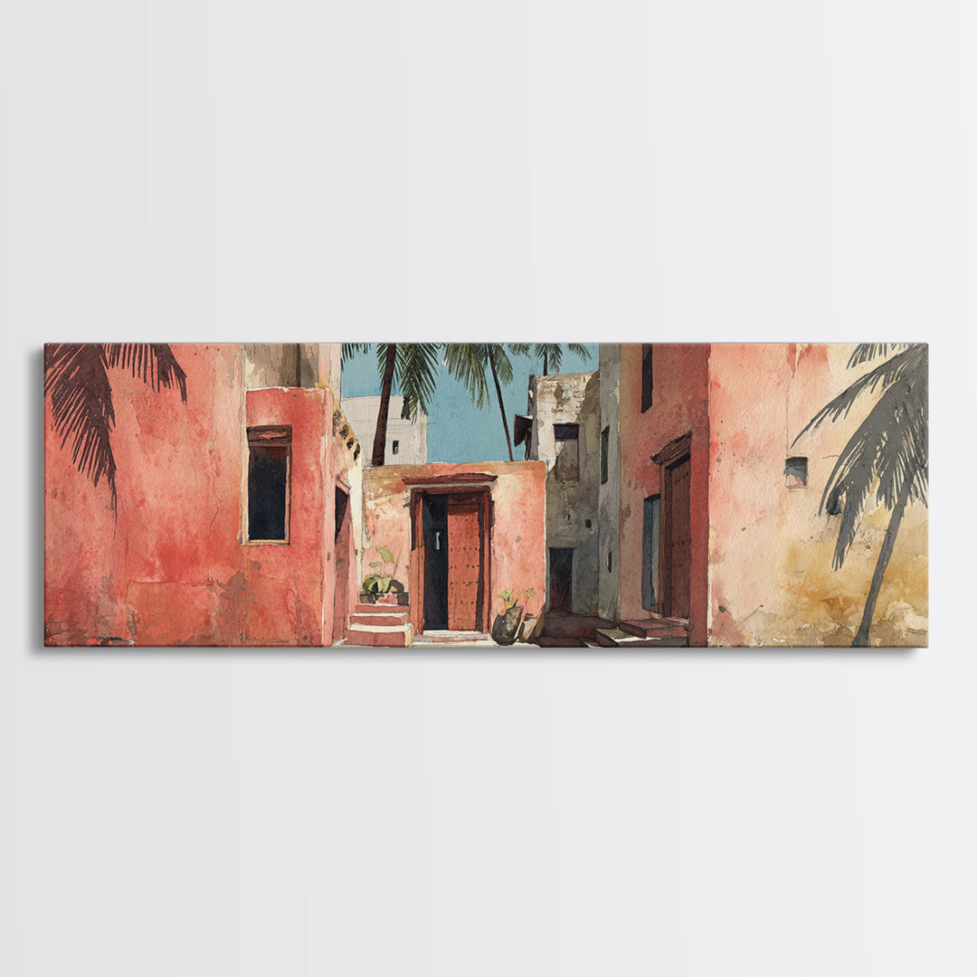 Sunlit Coral Adobe Alley With Palms Canvas Print, Moroccan Travel Poster, African Inspired Wall Art, Boho Bedroom Decor Gift