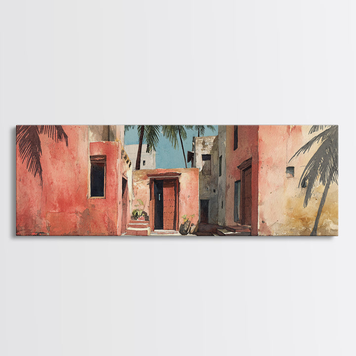 Sunlit Coral Adobe Alley With Palms Canvas Print, Moroccan Travel Poster, African Inspired Wall Art, Boho Bedroom Decor Gift