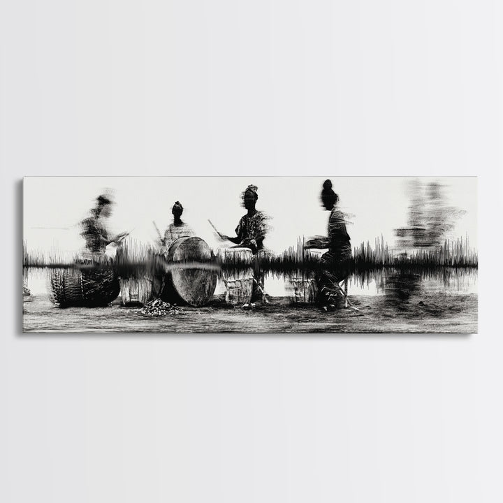 Black And White African Drummers Silhouette Wall Art, Tribal Music Decor, Afrocentric Canvas Print, Cultural Living Room Art