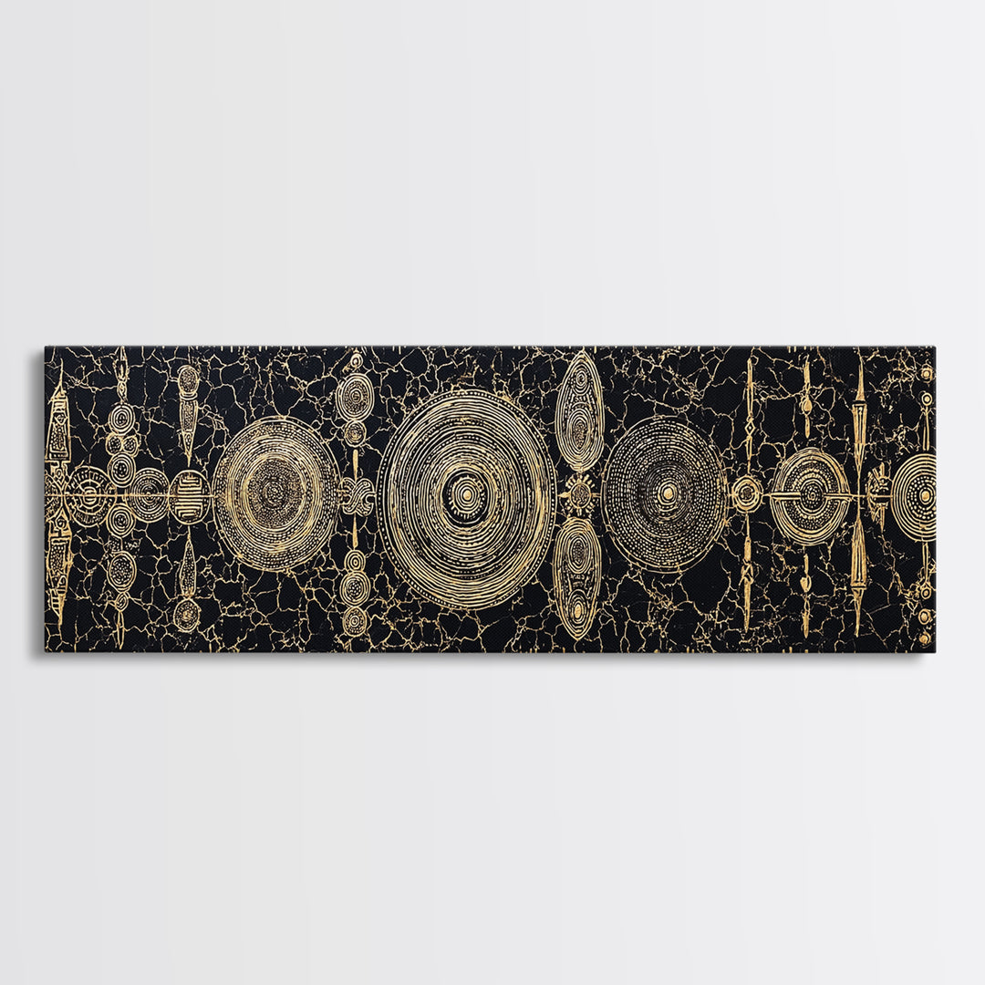 Gold Tribal Shields And Woven Kuba Patterns Framed Canvas Print, African Wall Decor, Ethnic Black Gold Cultural Art For Home