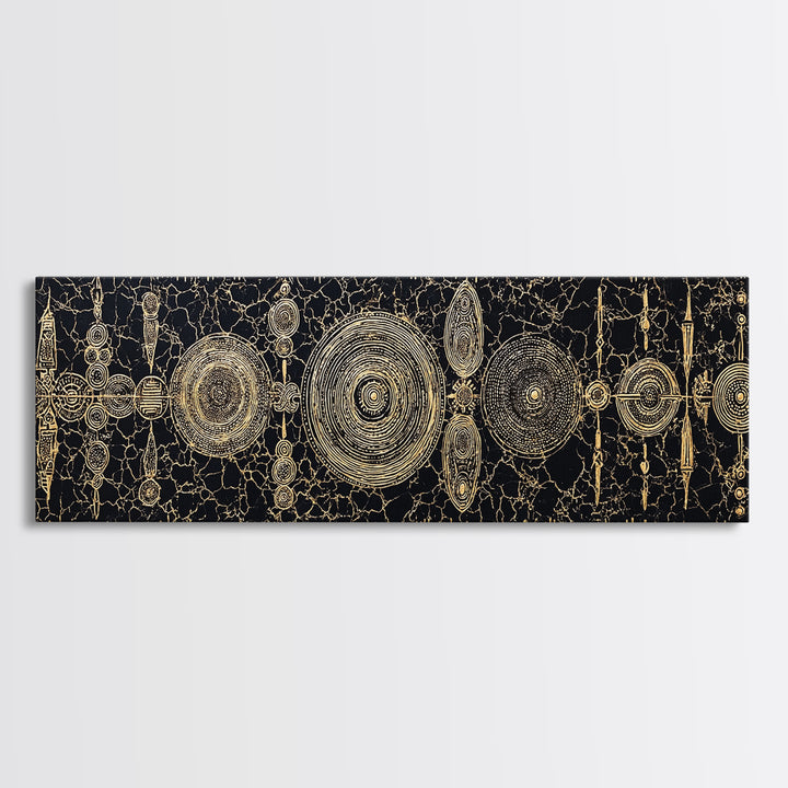 Gold Tribal Shields And Woven Kuba Patterns Framed Canvas Print, African Wall Decor, Ethnic Black Gold Cultural Art For Home