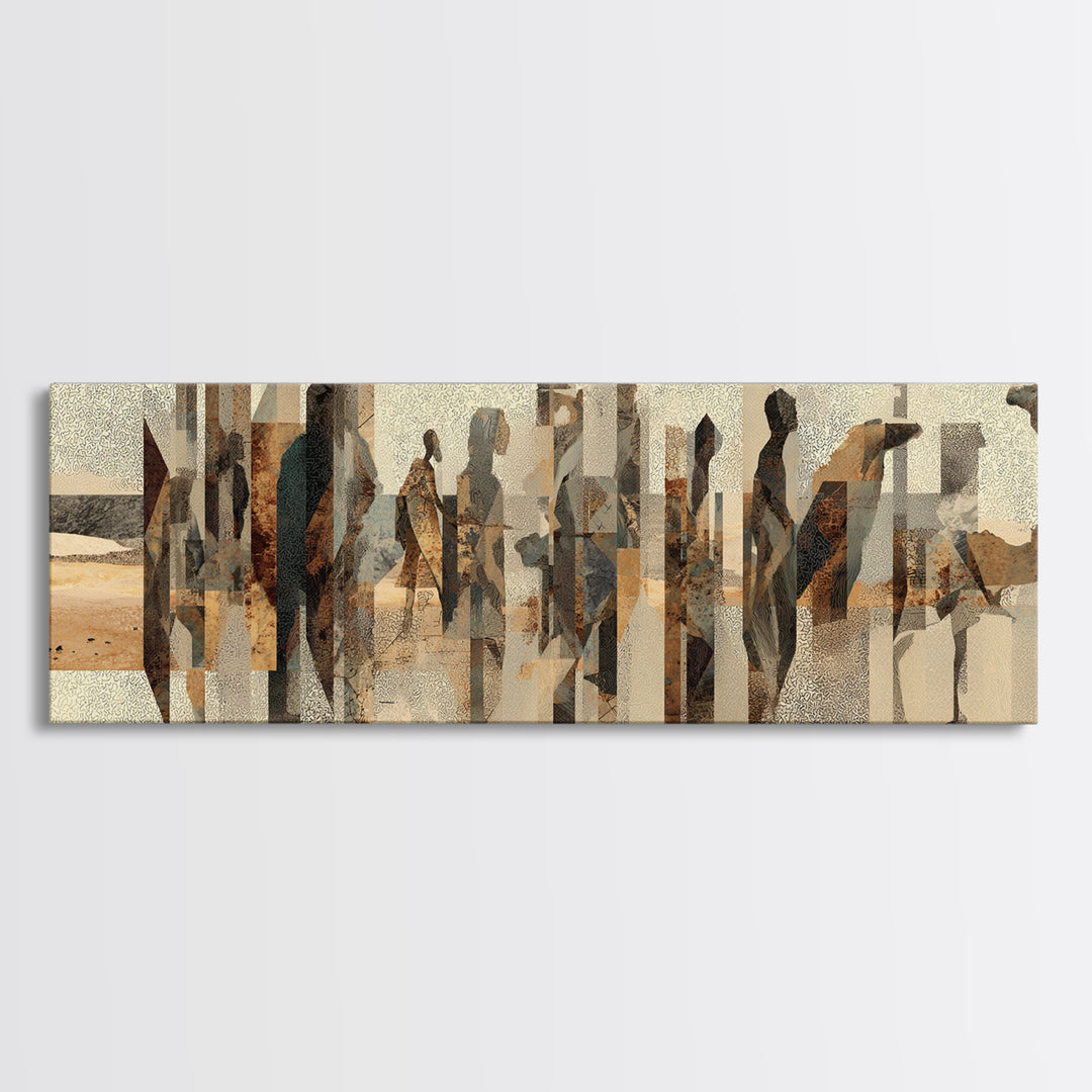 Abstract Desert Caravan With African Women Silhouettes Canvas Print, Minimalist Earth Tone Wall Decor, Cultural Portrait Art