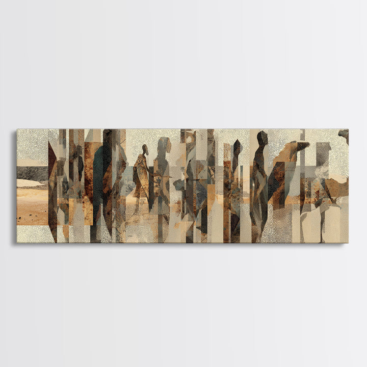 Abstract Desert Caravan With African Women Silhouettes Canvas Print, Minimalist Earth Tone Wall Decor, Cultural Portrait Art